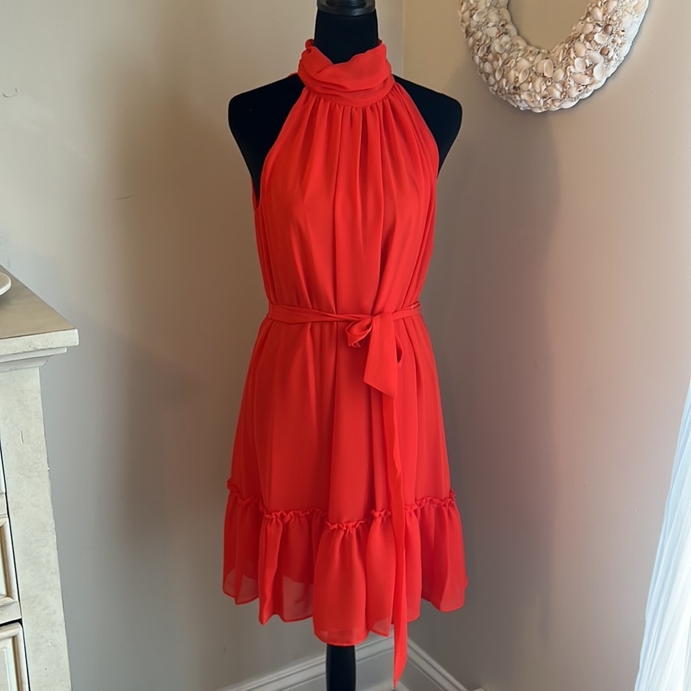 NWT: Taylor Petite Orange Halter Chiffon Dress | 10P